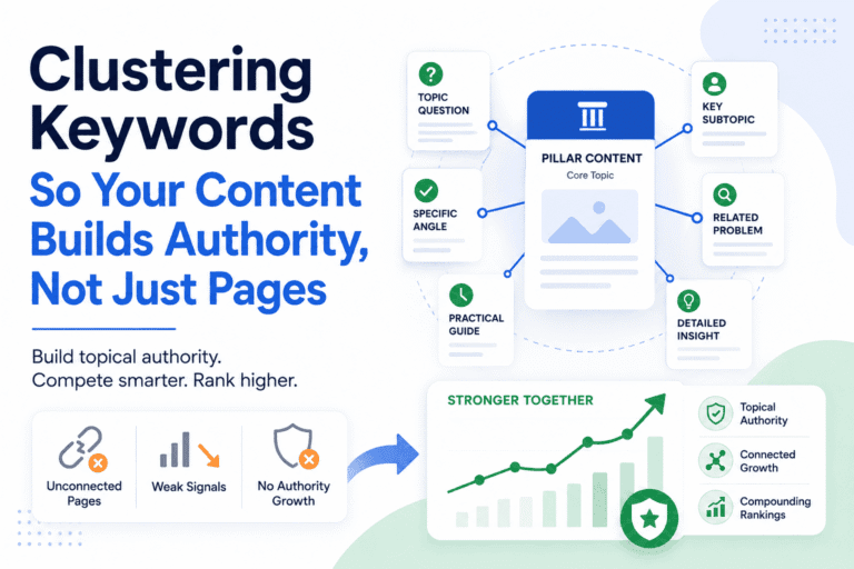 Featured image illustrating keyword clustering for new websites, showing how connected topic clusters and pillar content help build topical authority, stronger rankings, and long-term SEO growth compared to isolated articles.