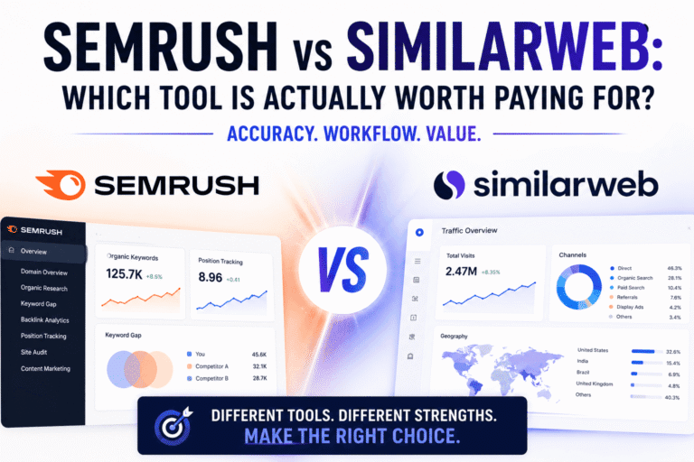 Semrush vs SimilarWeb featured image showing both platforms side by side with SEO analytics dashboards, traffic intelligence visuals, and the headline asking which tool is actually worth paying for.