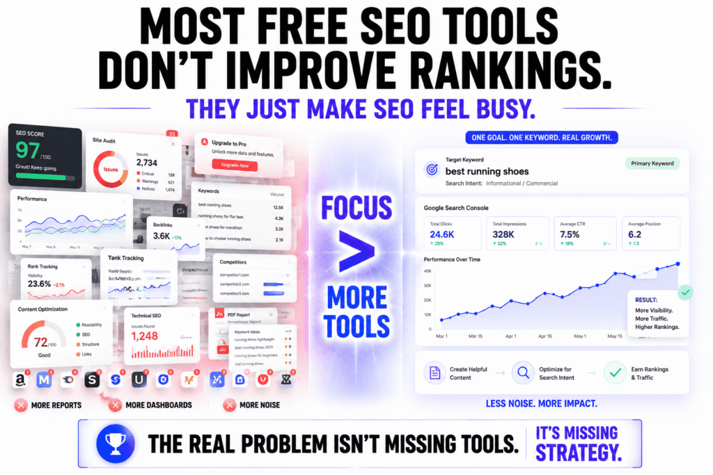 Free SEO tools comparison infographic showing the difference between chaotic SEO busywork and focused SEO execution, with overloaded dashboards and audit scores contrasted against a clean strategy-driven workflow designed to improve rankings and organic traffic.