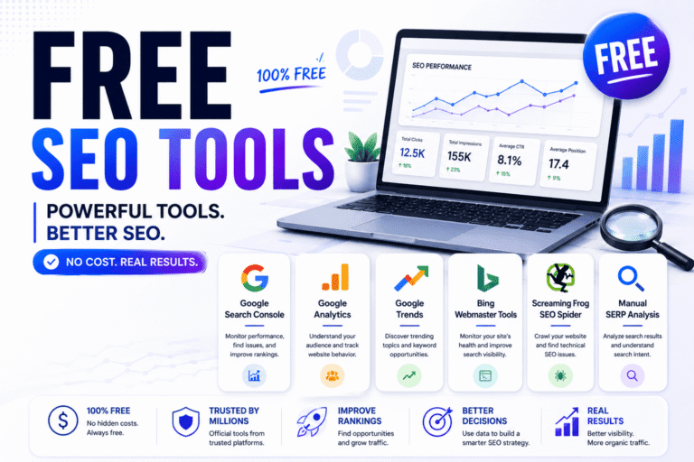 Featured image for a Free SEO tools article showing a modern SEO dashboard with Google Search Console, Google Analytics, Google Trends, Screaming Frog, and keyword research tools, highlighting affordable SEO workflows, traffic growth, rankings, and search visibility.