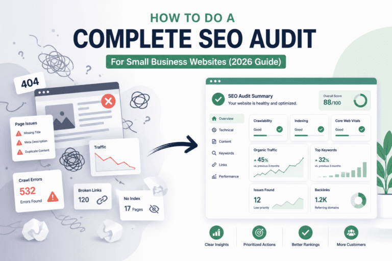 Featured image for a complete SEO audit for a small business website showing transformation from messy data to clear insights