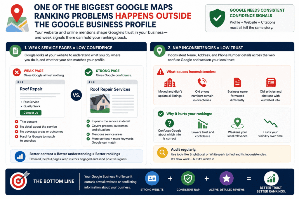 Visual illustration showing why your business is not ranking on Google Maps because of weak service pages and inconsistent business information across the web, explaining how thin website content and inconsistent name, address, and phone number details reduce Google’s trust and local ranking confidence.