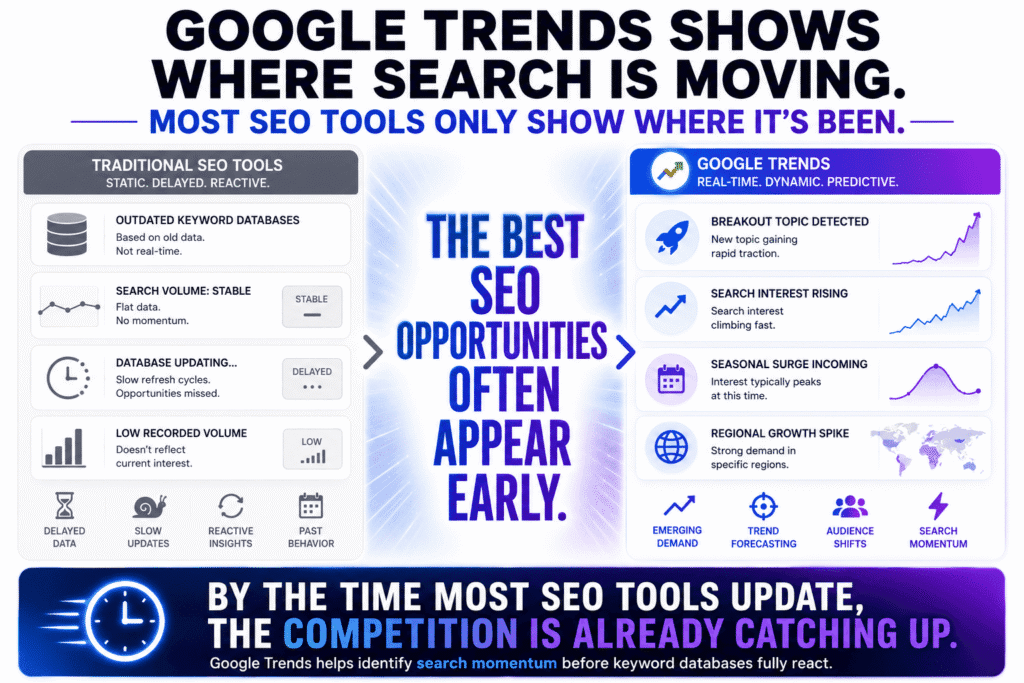 Free SEO tools infographic comparing traditional SEO keyword databases with Google Trends, showing how Google Trends reveals rising search demand, breakout topics, seasonal spikes, and emerging SEO opportunities before most keyword tools fully update.