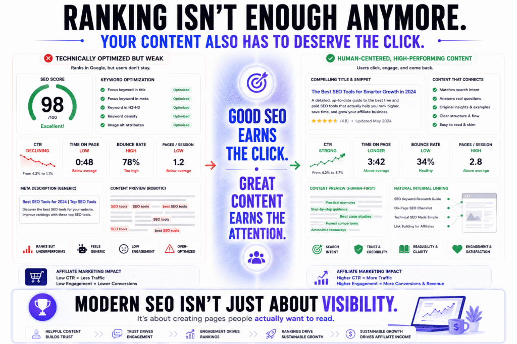 SEO infographic comparing over-optimized content with human-centered content, showing that pages focused on readability, engagement, and search intent outperform content obsessed with SEO scores and keyword optimization.