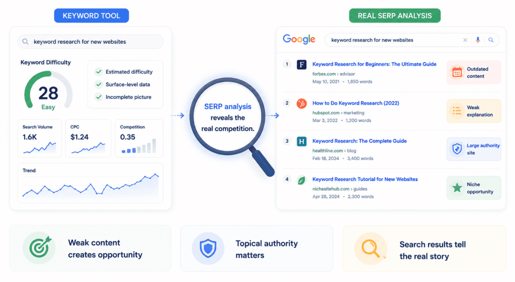 Clean modern editorial illustration about keyword research for new websites comparing SEO keyword tool metrics with real SERP analysis. The visual shows a keyword difficulty dashboard on one side and a Google search results page on the other, highlighting outdated content, weak explanations, authority sites, and niche opportunities that reveal the real competition behind a keyword.