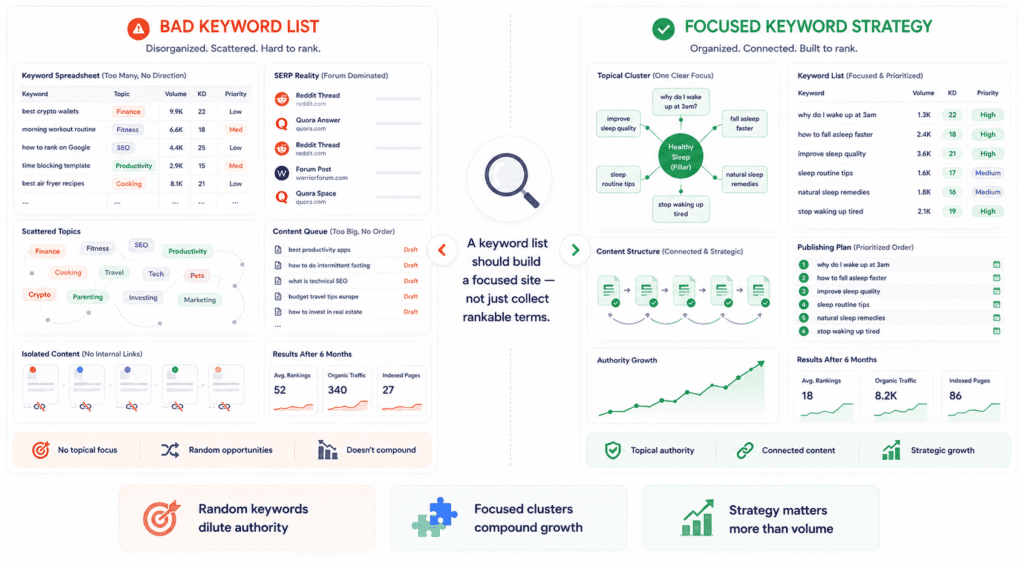 Illustration comparing a bad keyword list with a focused keyword strategy for new websites. One side shows scattered unrelated keywords, disconnected topics, forum-dominated search results, and a messy content backlog, while the other shows organized keyword clusters, connected content, internal linking, and topical authority growth.