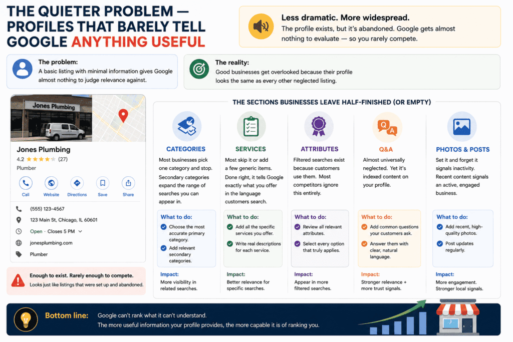 Visual illustration showing why your business is not ranking on Google Maps due to incomplete Google Business Profile optimization, including missing categories, weak service descriptions, unused attributes, neglected Q&A sections, and inactive photos and posts that give Google little useful information about the business.