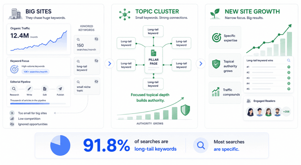 Illustration showing how keyword research for new websites works through long-tail keyword clusters and topical authority growth. The visual compares large websites ignoring small low-competition keywords with newer niche sites building authority by connecting focused long-tail content into topic clusters that gradually increase rankings and visibility.