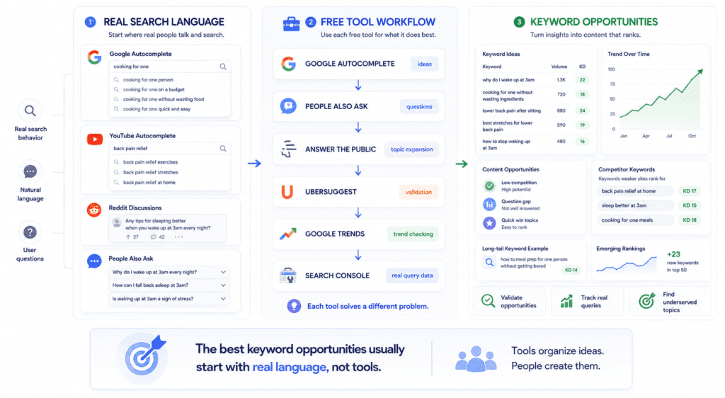 Illustration showing a free keyword research workflow for new websites using Google Autocomplete, People Also Ask, Reddit, AnswerThePublic, Ubersuggest, Google Trends, and Search Console to turn real search language into keyword opportunities, topic ideas, and low-competition content strategies.
