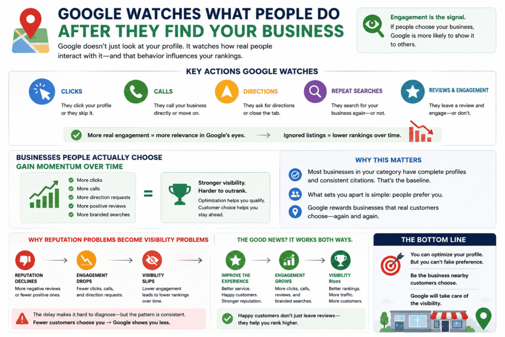 Visual illustration showing why your business is not ranking on Google Maps due to weak engagement signals such as low clicks, fewer calls, limited direction requests, declining reviews, and poor customer interaction that reduce local search visibility and rankings over time.