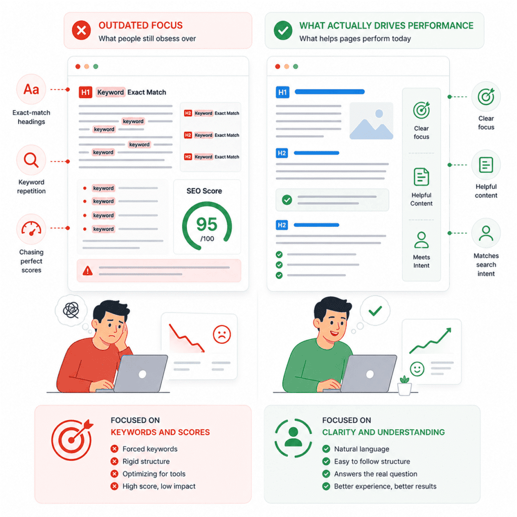 On-Page SEO comparison showing outdated focus on keyword repetition and SEO scores versus modern focus on clarity, relevance, and user understanding