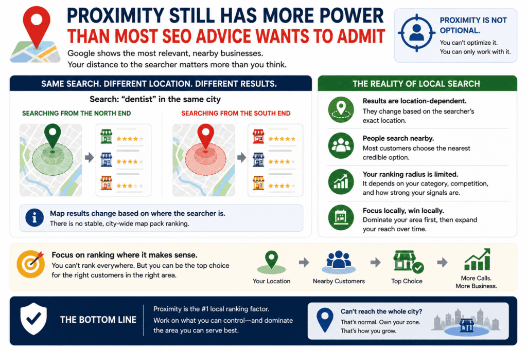 Visual illustration explaining why your business is not ranking on Google Maps due to proximity limitations, showing how local search results change based on the searcher’s location and why businesses rank better near their physical service area rather than across an entire city.