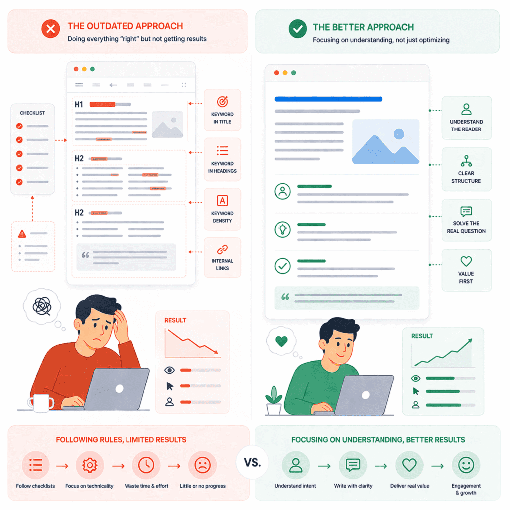 On-Page SEO diagram showing beginners following SEO rules with little results compared to a clarity-focused approach that improves engagement and performance