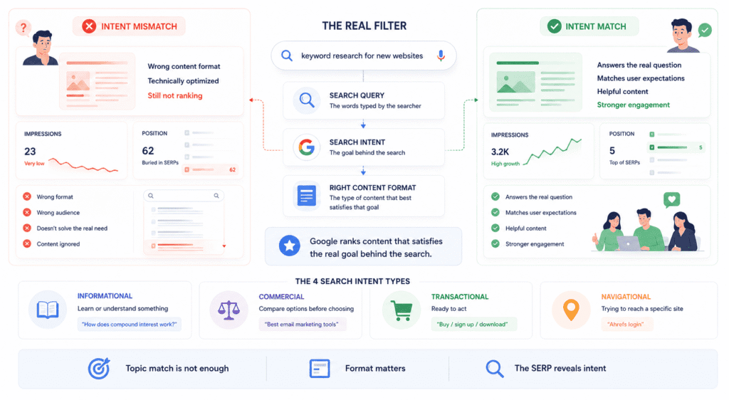  editorial illustration about keyword research for new websites explaining search intent. The visual compares intent mismatch versus intent match, showing how content that fails to satisfy user intent gets ignored while content aligned with search intent earns better rankings, engagement, and visibility.
