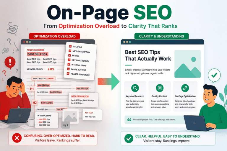 On-Page SEO illustration showing the shift from keyword-heavy optimization overload to clear, user-focused content that improves understanding and engagement