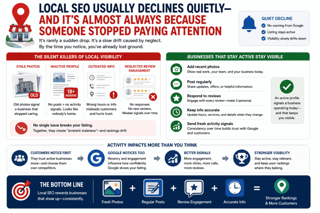Visual illustration explaining why your business is not ranking on Google Maps due to inactive local SEO signals such as stale photos, outdated business information, inactive profiles, and neglected review engagement that slowly reduce visibility and local search rankings over time.