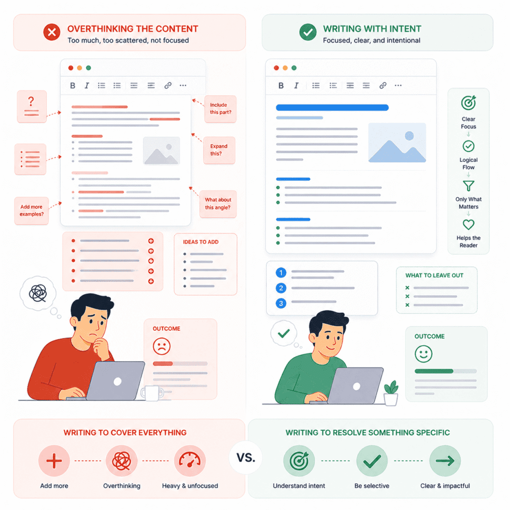 On-Page SEO diagram showing the writing process, comparing overloaded content with overthinking versus focused writing that creates clear and effective pages