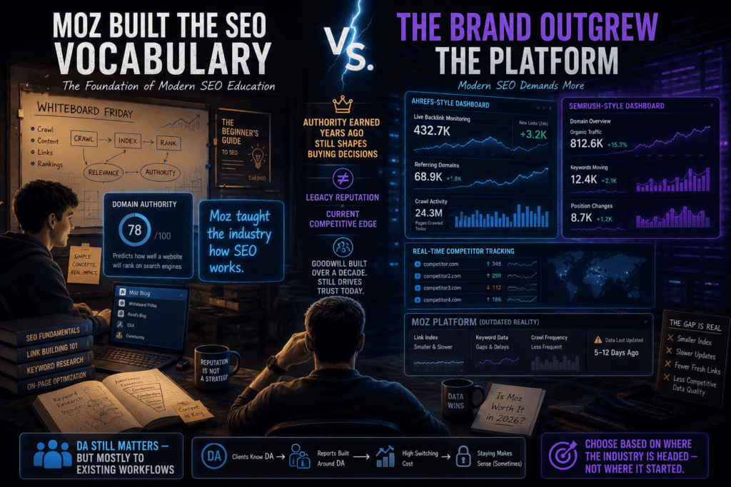 Editorial infographic for Ahrefs vs Semrush vs Moz showing the contrast between Moz’s historical SEO influence and its weaker modern platform competitiveness, highlighting Domain Authority legacy, outdated backlink data, slower updates, and the rise of more advanced real-time SEO tools.