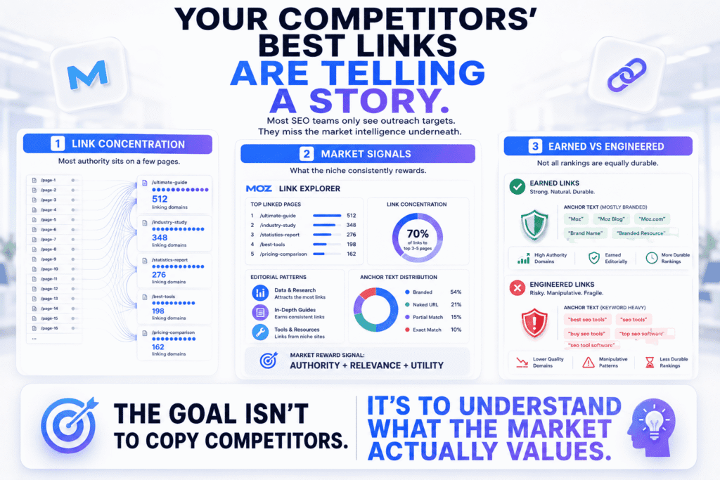 infographic about Moz for SEO competitor backlink analysis showing concentrated authority across top-linked pages, Moz Link Explorer market signal dashboards, anchor text distribution analysis, and the difference between earned links and engineered links in SEO strategy.