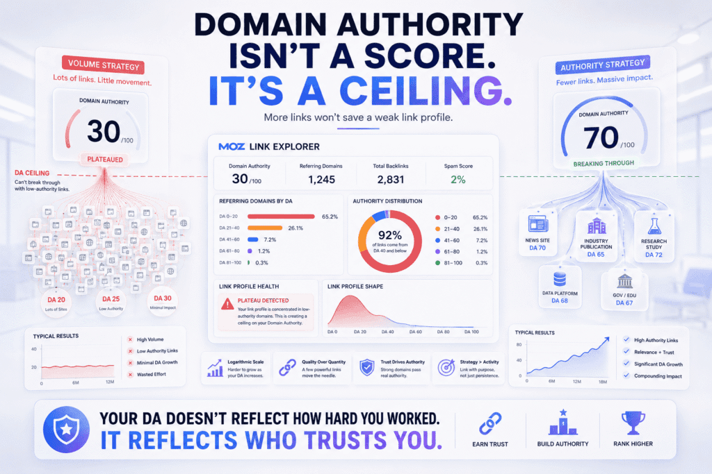 An infographic about Moz for SEO and Domain Authority comparing low-authority backlink volume versus high-authority link strategies, featuring DA growth ceilings, Moz Link Explorer dashboards, authority distribution charts, and strategic SEO trust-building visuals.