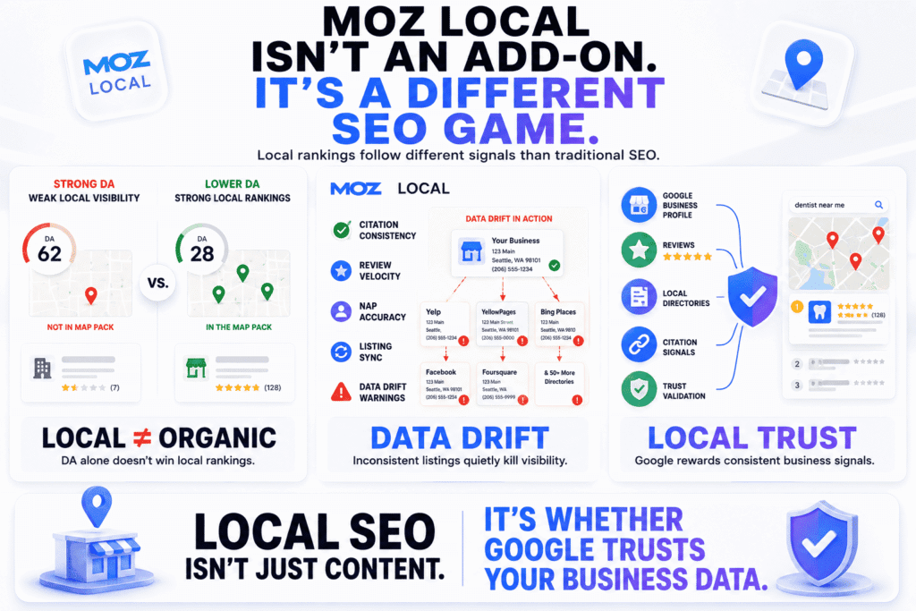 An infographic about Moz for SEO local search optimization showing Moz Local dashboards, citation consistency monitoring, local trust signals, map pack rankings, review velocity, data drift warnings, and the difference between traditional SEO authority and local SEO visibility.