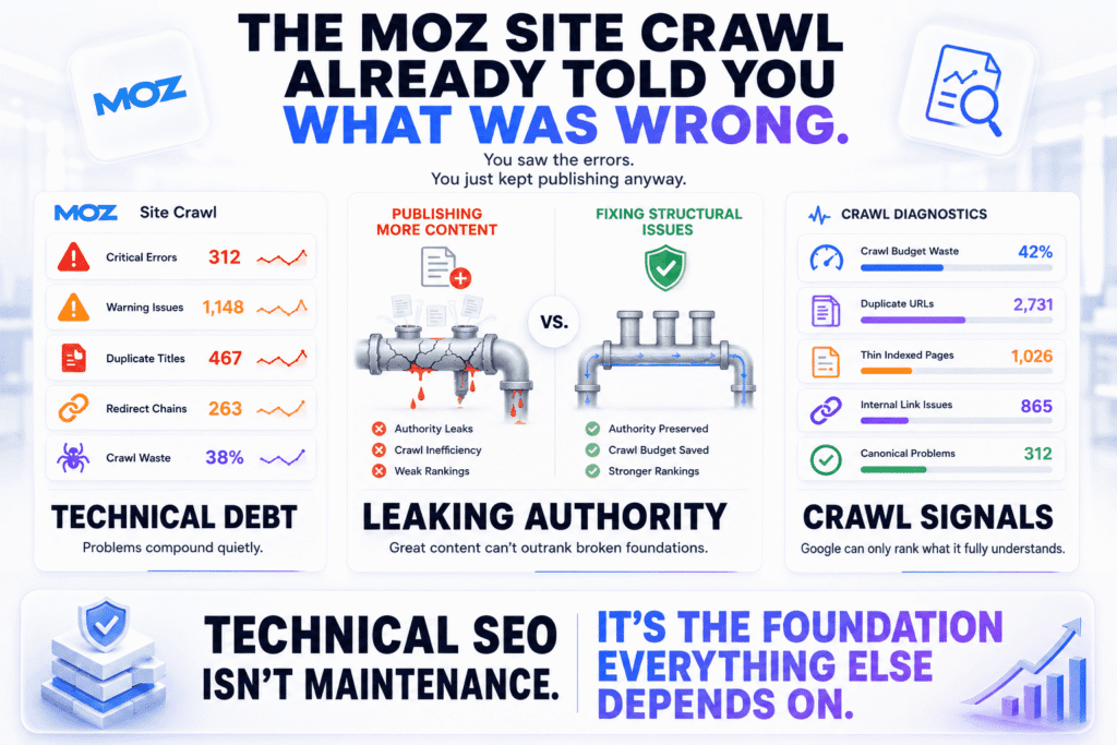 infographic about Moz for SEO technical audits showing Moz Site Crawl dashboards with critical errors, redirect chains, crawl waste, duplicate URLs, and authority leaks caused by unresolved technical SEO problems.