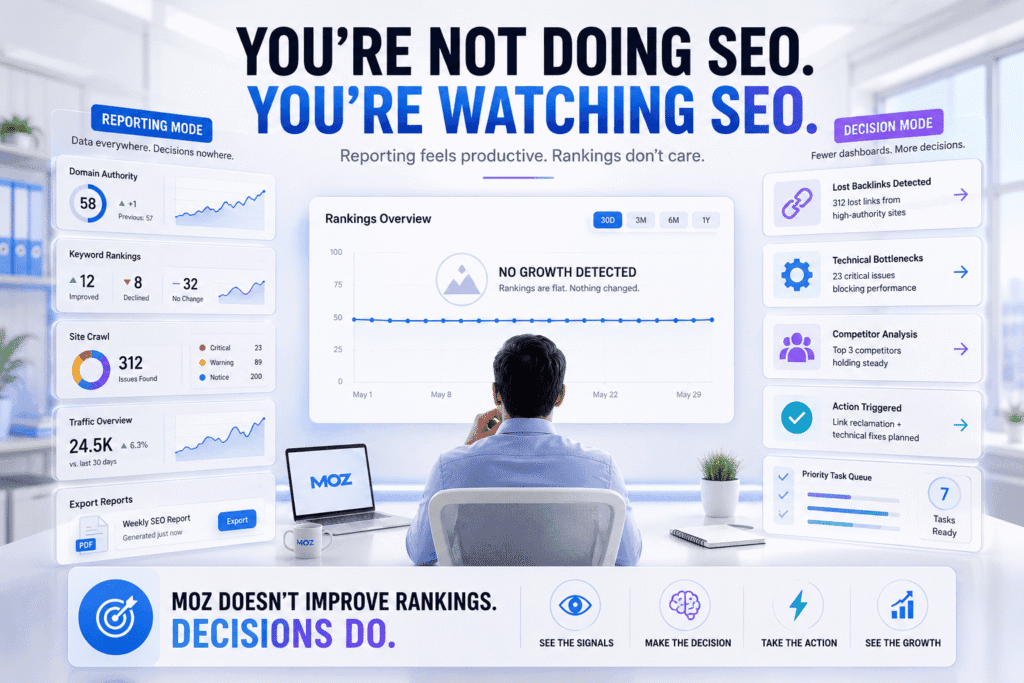 An infographic about Moz for SEO showing the difference between SEO reporting and SEO decision-making, featuring a strategist surrounded by analytics dashboards, stagnant ranking charts, reporting metrics, and action-oriented SEO strategy panels.