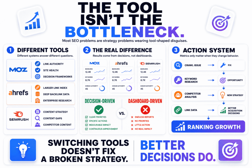 An infographic about Moz for SEO comparing Moz, Ahrefs, and Semrush, showing SEO decision-making workflows, link authority analysis, content strategy tools, dashboard-driven versus decision-driven SEO, and strategic action systems that lead to ranking growth.