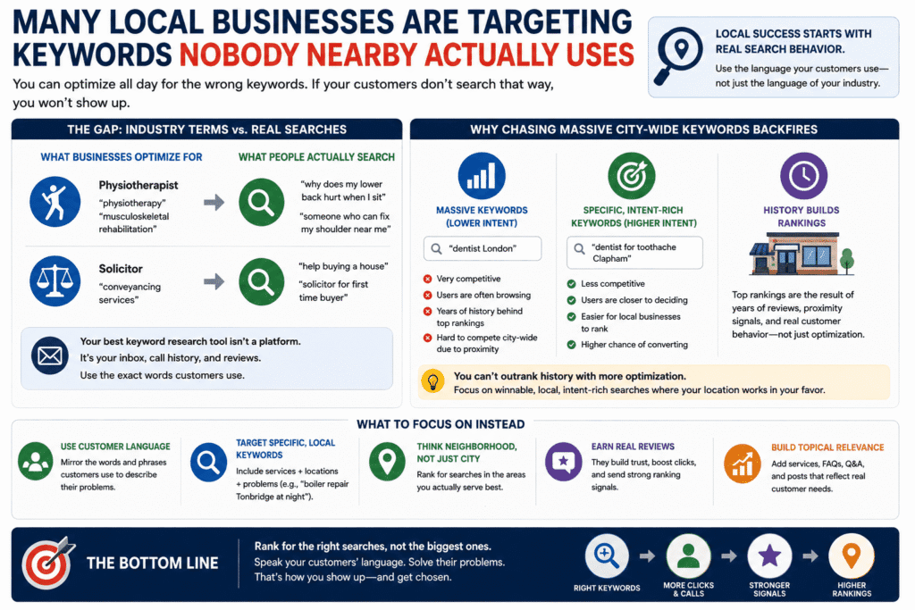 Visual illustration showing why your business is not ranking on Google Maps due to targeting keywords customers do not actually use, comparing industry terminology with real local search behavior and explaining why specific local intent keywords outperform broad city-wide keywords.
