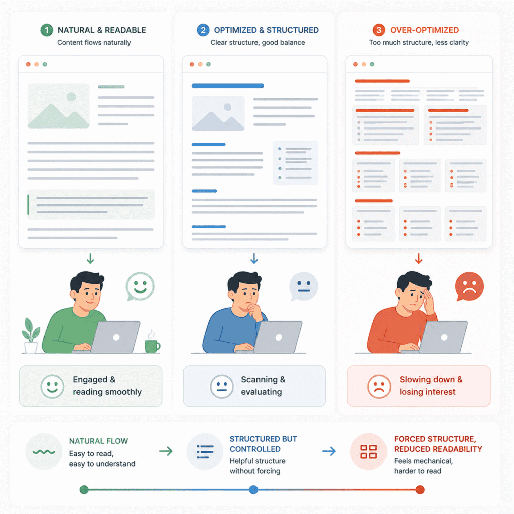 On-Page SEO diagram showing how content shifts from natural and readable to over-optimized and harder to read, reducing user engagement
