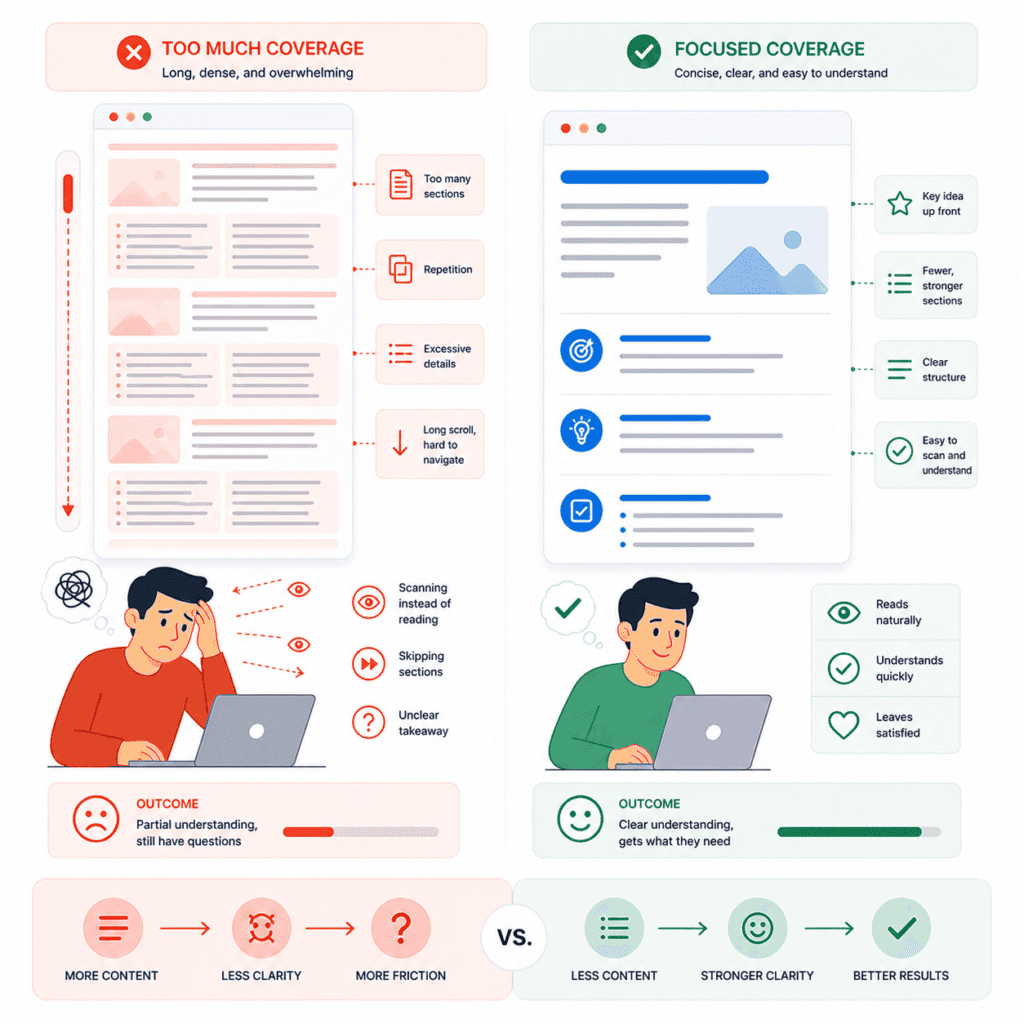 On-Page SEO diagram showing the trade-off between overloaded, long content that reduces clarity and concise content that improves understanding and user engagement