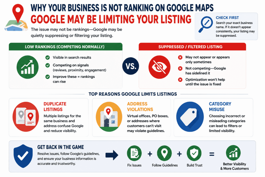 Visual illustration explaining why your business is not ranking on Google Maps because Google may be suppressing or limiting the listing due to duplicate profiles, address violations, or incorrect business categories that reduce visibility in local search results.