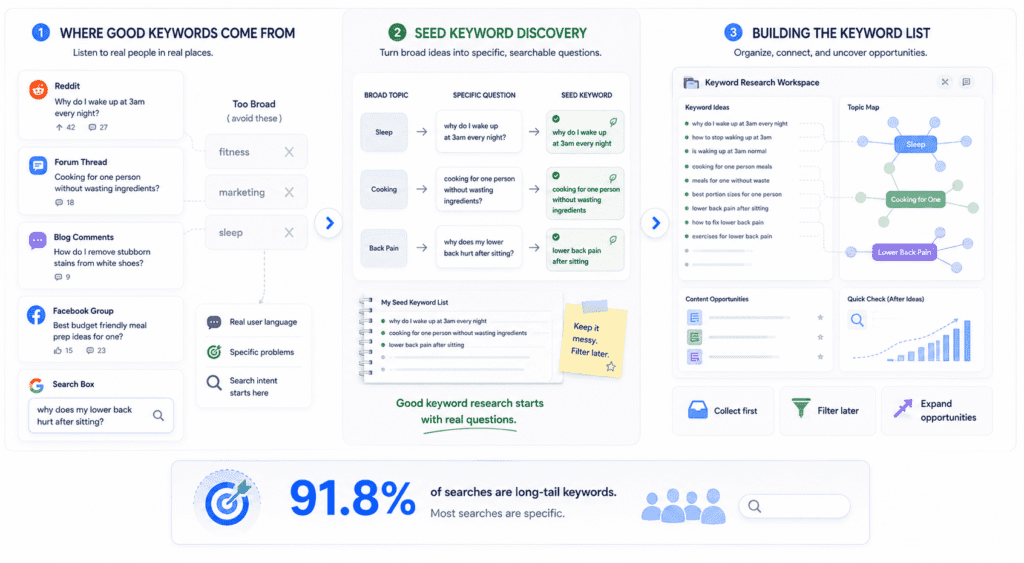 Illustration showing a keyword research process for new websites, where real user questions from forums, Reddit, comments, and search boxes are transformed into specific seed keywords and organized into keyword lists and topic clusters before using SEO tools.