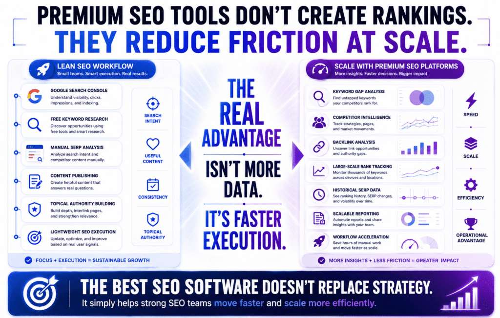 Free SEO tools infographic comparing a lean SEO workflow using Google Search Console, manual SERP analysis, and lightweight content execution against large-scale premium SEO platforms built for keyword gap analysis, competitor intelligence, scalable reporting, and faster SEO operations.