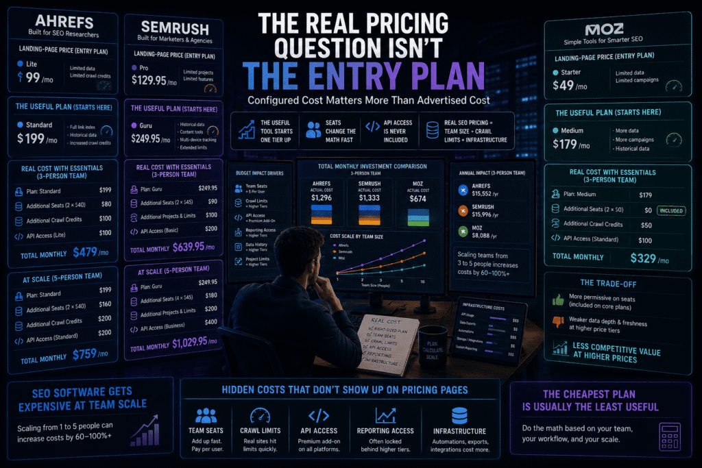 Editorial infographic for Ahrefs vs Semrush vs Moz comparing the real operational pricing of SEO tools, including upgrade tiers, team seats, crawl limits, API access, and scaling costs beyond advertised landing-page pricing.