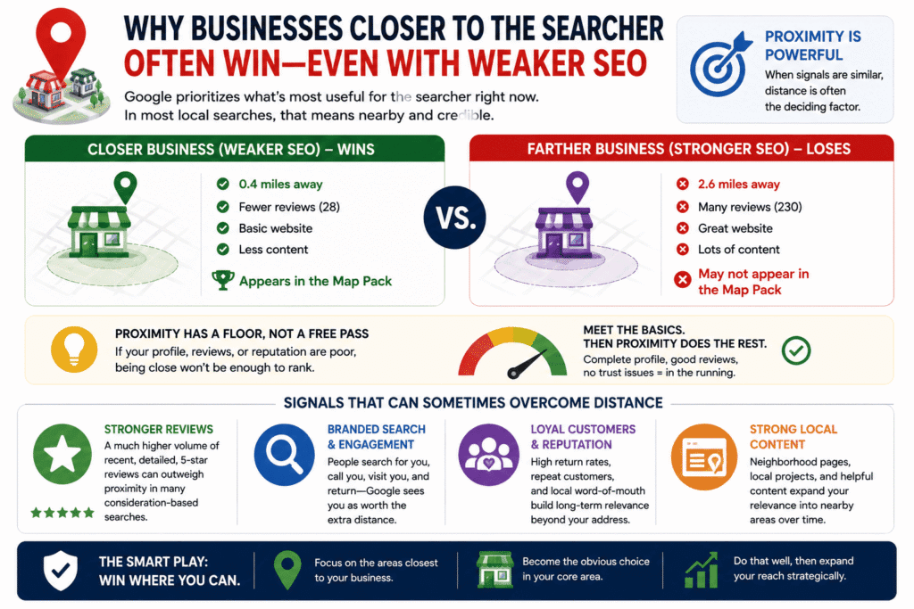 Visual illustration explaining why your business is not ranking on Google Maps when nearby competitors have a stronger proximity advantage, showing how closer businesses can outrank companies with better websites and more reviews, while strong reputation, engagement, and local trust signals can sometimes overcome distance.