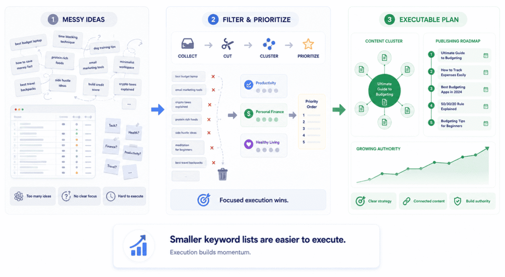 Illustration showing how keyword research for new websites evolves from scattered keyword ideas and messy spreadsheets into a focused SEO plan with prioritized topic clusters, connected content, publishing workflows, and topical authority growth.