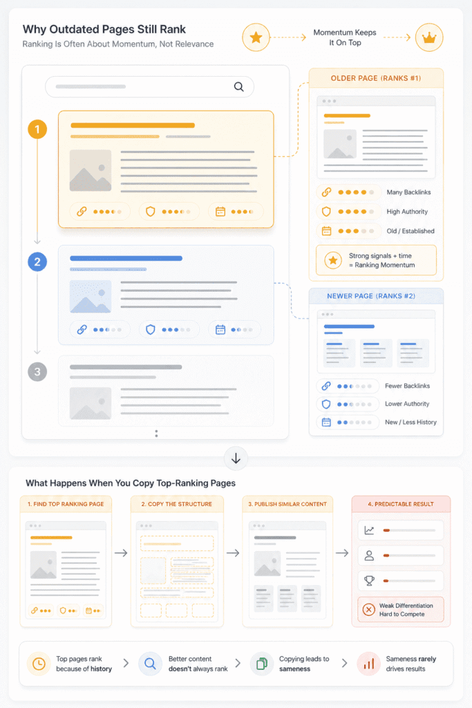 On-Page SEO diagram showing how older pages keep ranking due to authority and backlinks while newer, better-structured content ranks lower