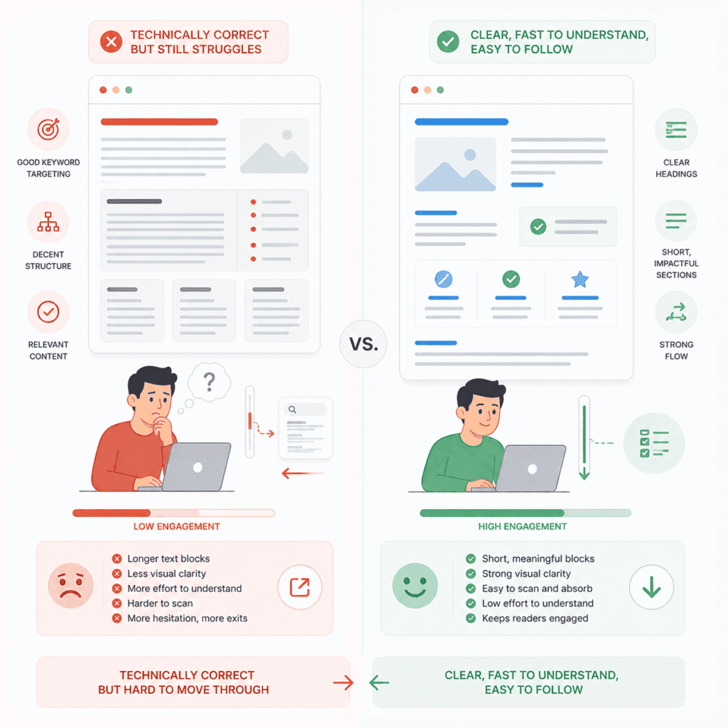 On-Page SEO comparison showing technically correct content with low engagement versus clear, easy-to-read content that keeps users engaged