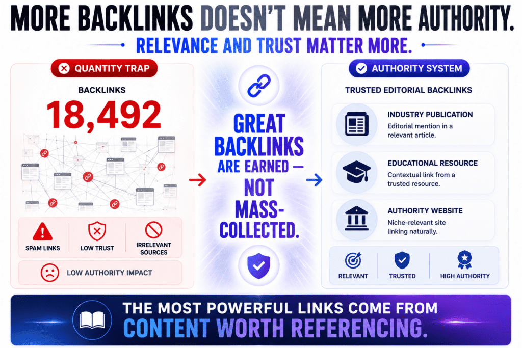 Free SEO tools infographic comparing low-quality backlink quantity with trusted authority-driven backlinks, showing that relevant editorial links and niche trust signals build stronger SEO authority than massive volumes of spammy backlinks.