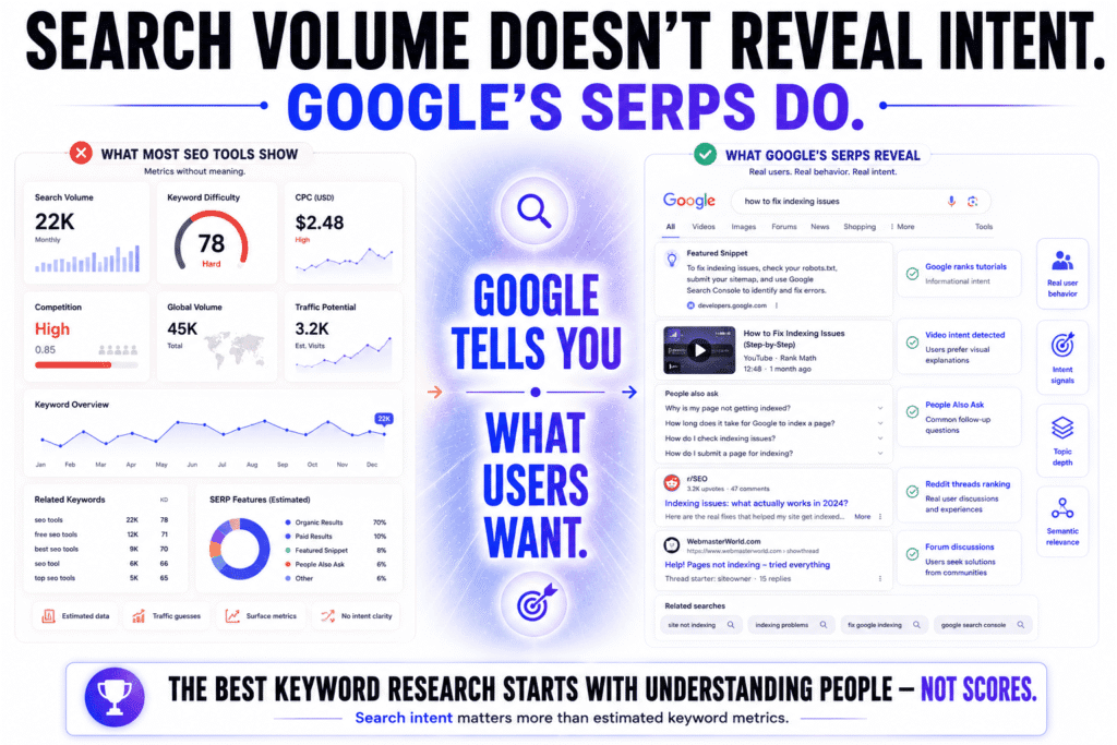 Editorial-style SEO infographic comparing traditional keyword metrics with Google SERP intent analysis. The left side displays keyword difficulty scores, search volume data, CPC metrics, and estimated traffic dashboards, while the right side shows Google search results, featured snippets, People Also Ask boxes, Reddit discussions, video results, and related searches that reveal real user intent and search behavior.
