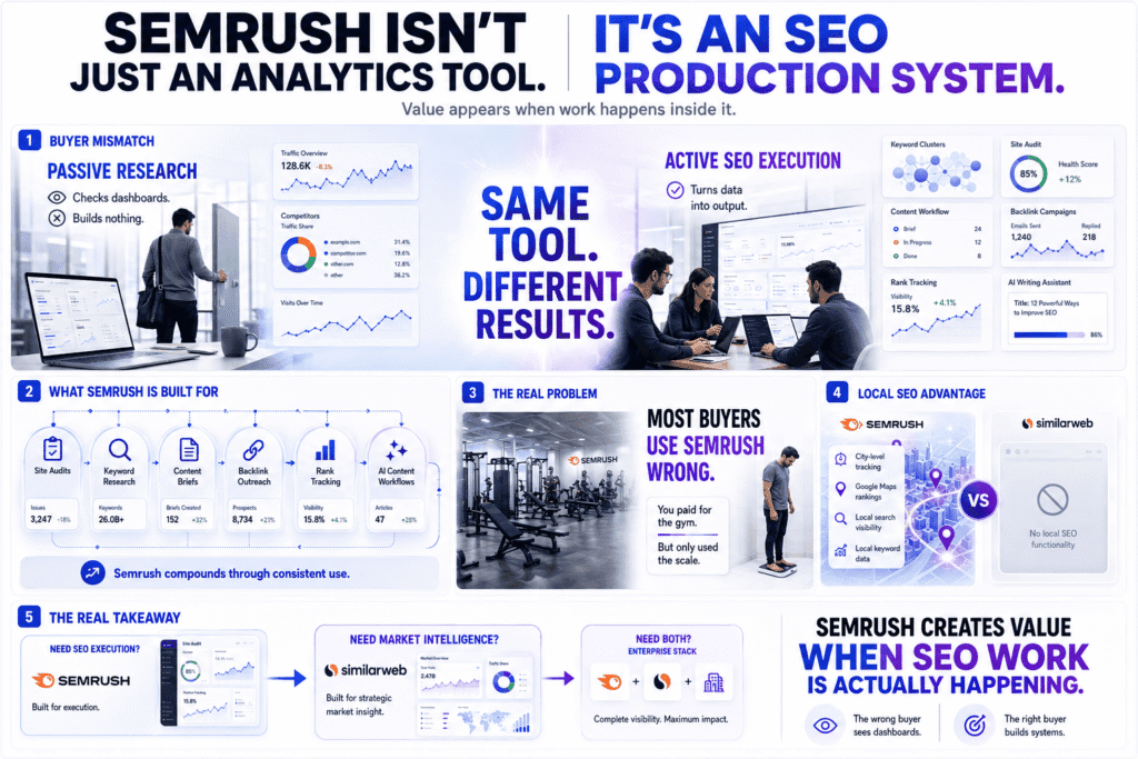 Semrush vs Similarweb infographic showing that Semrush functions as an SEO production system rather than just an analytics tool, featuring buyer mismatch comparisons, SEO workflow execution, local SEO advantages, and strategic decision frameworks in a cinematic editorial layout.