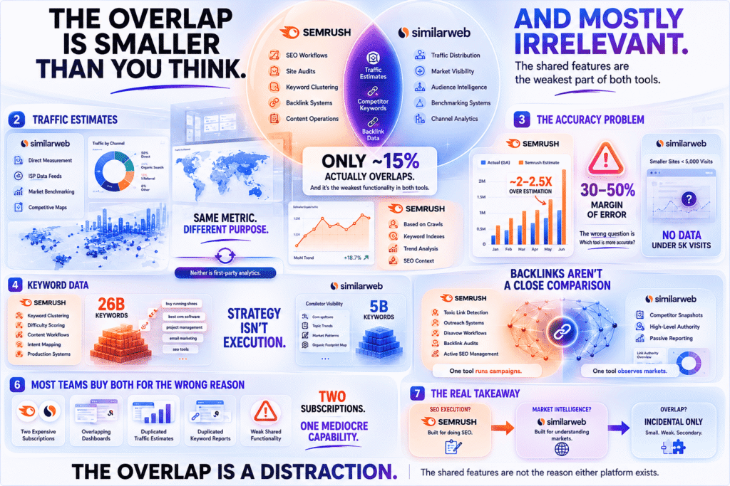 Semrush vs Similarweb infographic showing that the overlap between the two platforms is smaller and less useful than most comparisons suggest, featuring traffic estimate accuracy gaps, keyword database differences, backlink workflow comparisons, and strategic versus execution-focused use cases.