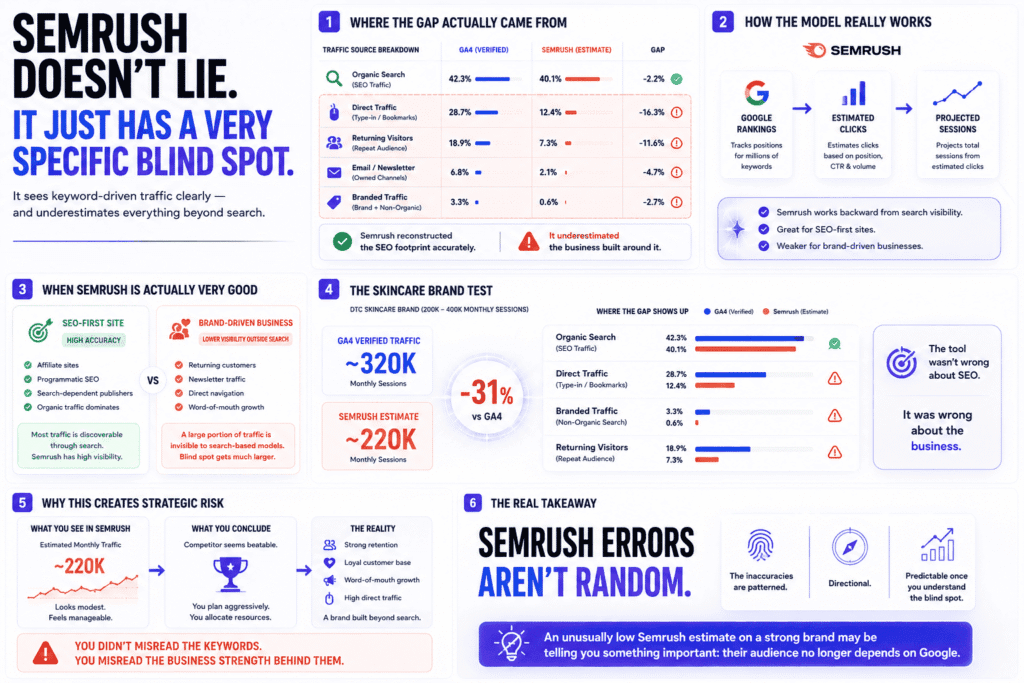 Semrush vs GA4 traffic analysis showing how Semrush accurately estimates organic search traffic but undercounts direct, branded, and returning visitor traffic on established consumer brands.