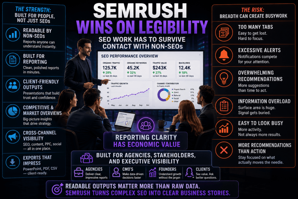Infographic for Ahrefs vs Semrush vs Moz showing how Semrush focuses on executive-friendly SEO reporting, stakeholder communication, agency workflows, and readable dashboards while also highlighting risks of information overload and excessive recommendations.