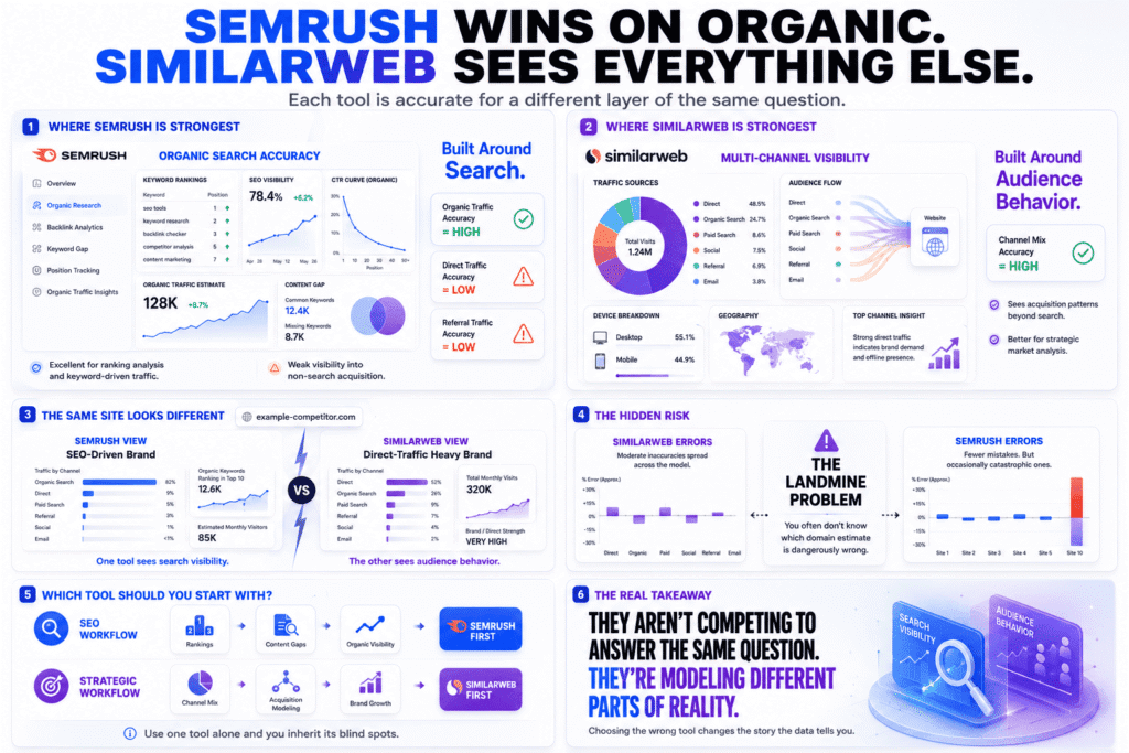 Semrush vs SimilarWeb: An infographic comparing how Semrush excels in organic search analysis while SimilarWeb provides stronger multi-channel traffic visibility, featuring premium analytics dashboards, traffic source breakdowns, SEO workflow diagrams, and strategic market analysis visuals.