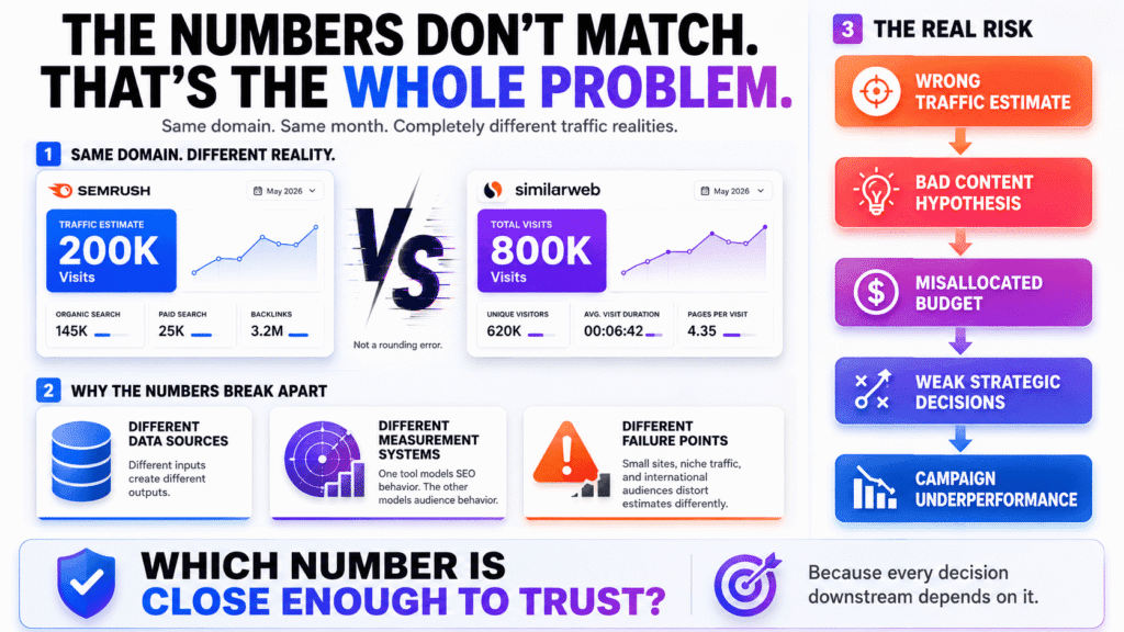 An infographic for “Semrush vs SimilarWeb” showing conflicting traffic estimates between Semrush and SimilarWeb dashboards, highlighting traffic accuracy issues, different data measurement systems, and the strategic risks of relying on inaccurate competitor traffic data.