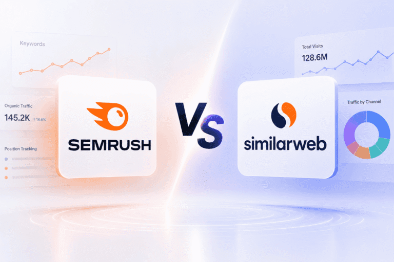 Semrush vs SimilarWeb comparison showing Semrush as an SEO execution platform and SimilarWeb as a market intelligence layer, with key features and keyword database sizes for each tool.