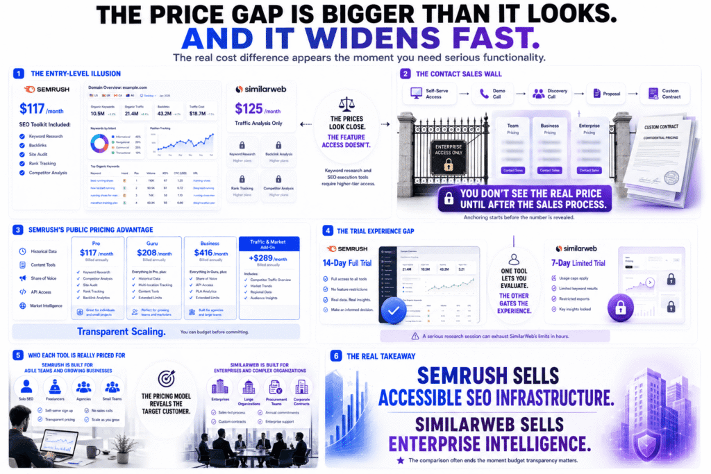 infographic for Semrush vs SimilarWeb illustrating the widening pricing gap in 2026, comparing entry-level plans, feature access, trial experiences, target customer segments, and transparent versus enterprise-only pricing, using premium SaaS dashboards, locked feature visuals, and professional contract aesthetics.
