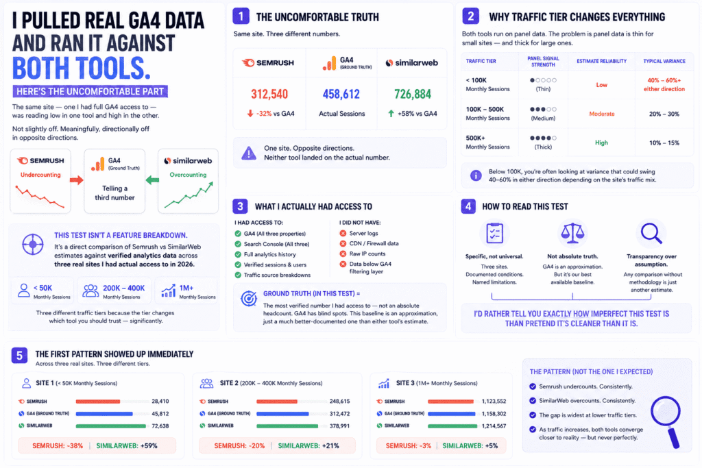 Semrush vs SimilarWeb accuracy test using real GA4 analytics data, showing Semrush undercounting traffic, SimilarWeb overcounting traffic, and how estimate reliability changes across different website traffic tiers.